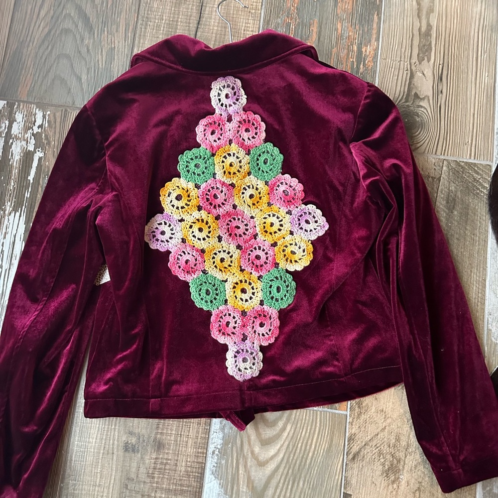 Recycled UpCycled Vintage Green Burgundy Crochet Gypsy Hippie Biker Jacket Boho